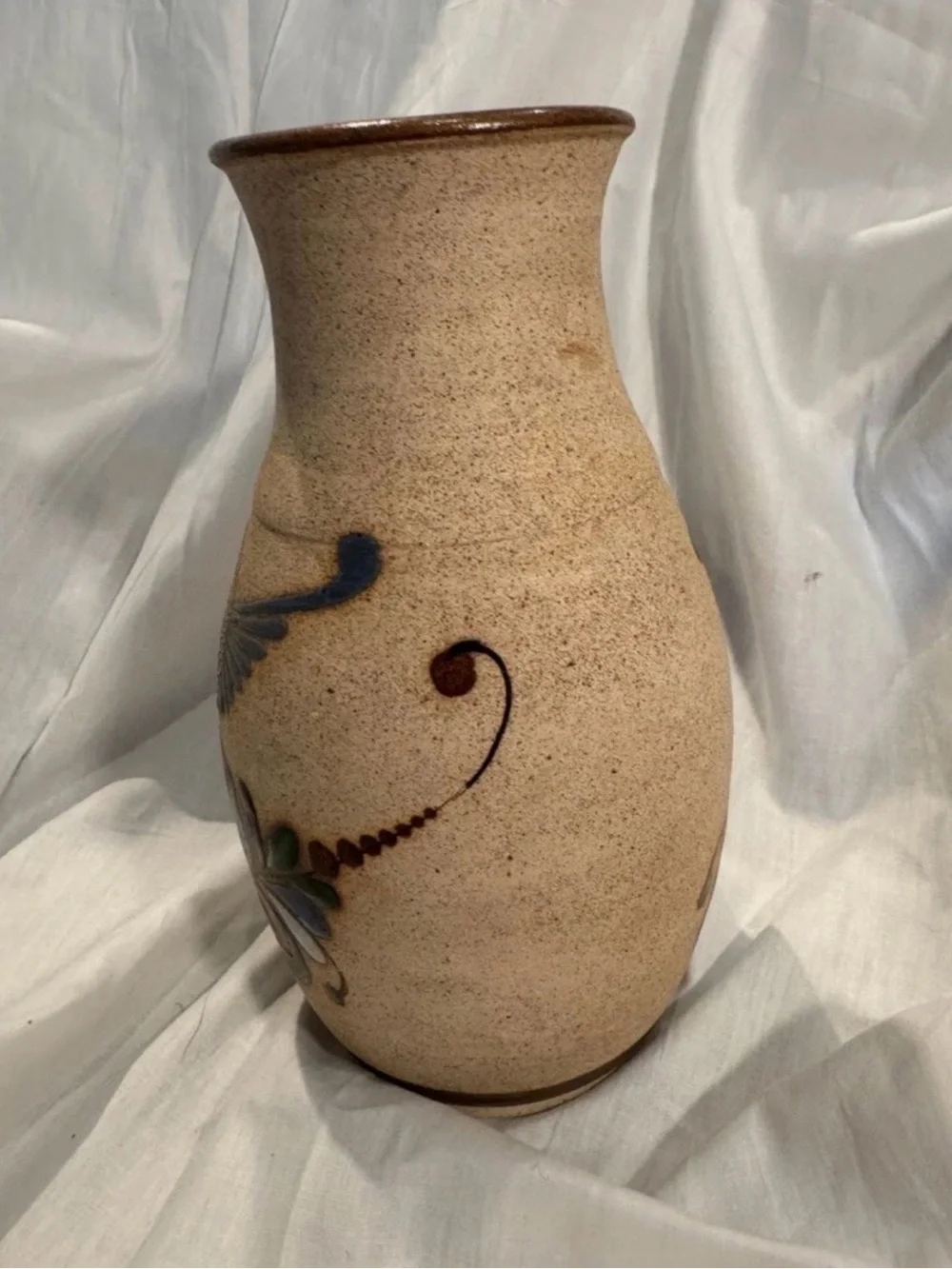 Tonala Handmade Pottery Mexican Blue Bird/Floral Flower Vase Signed.  Almost 9”